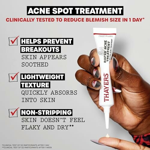 Hand holding Thayers acne spot treatment with highlighted benefits.