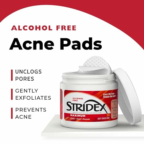 Stridex alcohol-free acne pads with benefits listed.