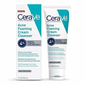 CeraVe Acne Foaming Cream Cleanser packaging with benzoyl peroxide.