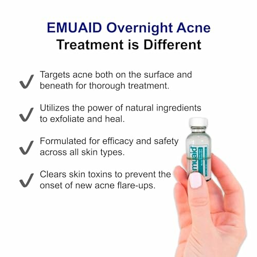 Emuaid overnight acne treatment benefits and description.