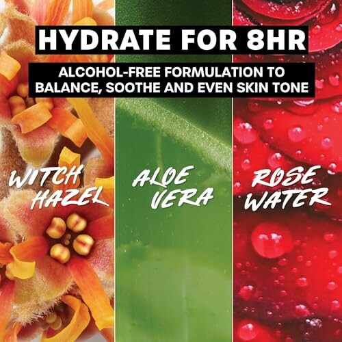 Hydrate for 8 hours with witch hazel, aloe vera, and rose water.