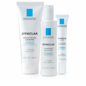 La Roche-Posay Effaclar skincare product set including cleanser, solution, and treatment.