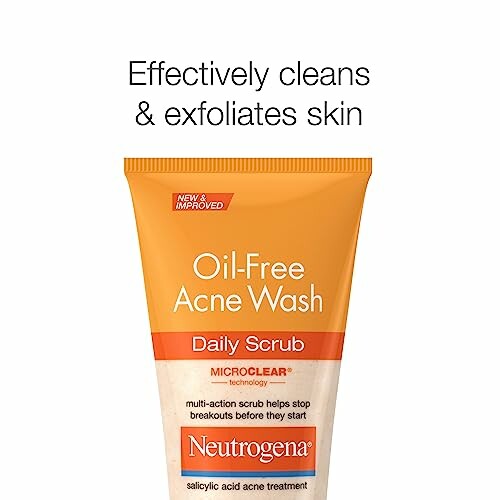 Neutrogena Oil-Free Acne Wash Daily Scrub tube with text 'Effectively cleans & exfoliates skin'.