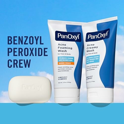 PanOxyl acne foaming wash and bar soap against blue sky