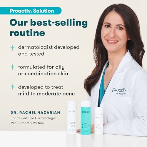 Dermatologist presenting Proactiv skincare routine for acne treatment.