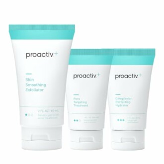 Proactiv skincare products including exfoliator, treatment, and hydrator.