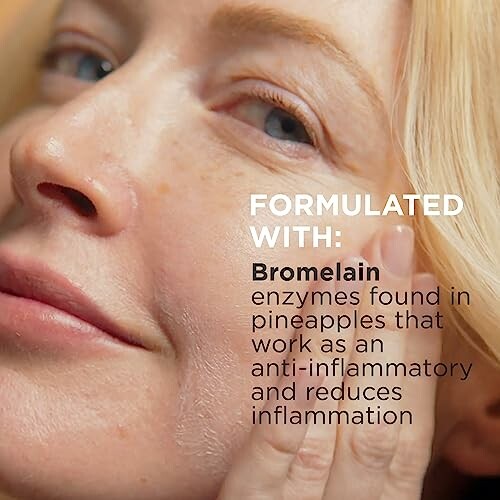 Close-up of a person applying skincare with text about bromelain benefits.