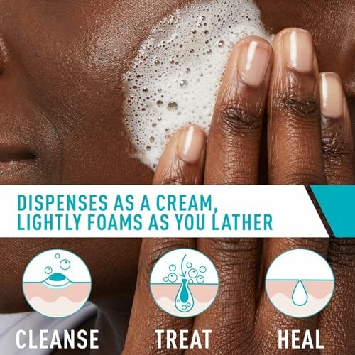 Person applying foaming skincare cream with text about cleansing, treating, and healing.