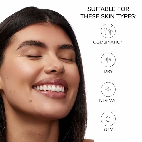 Smiling woman with text about skin types: combination, dry, normal, oily.