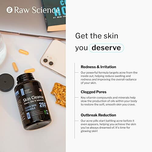 Supplement bottle labeled Skin Cleanse with text about benefits for skin