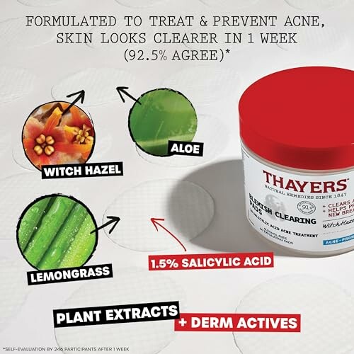 Thayers acne treatment with witch hazel, aloe, lemongrass, and salicylic acid.